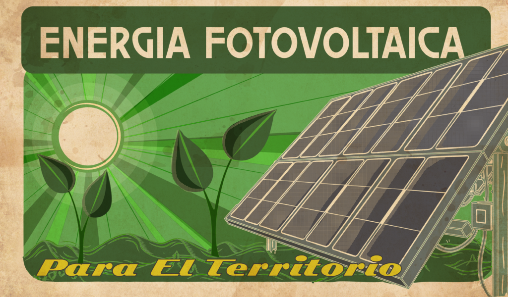 Imagen con un sol, unas plantas y un panel solar, de tonalidades verdes y amarillas.